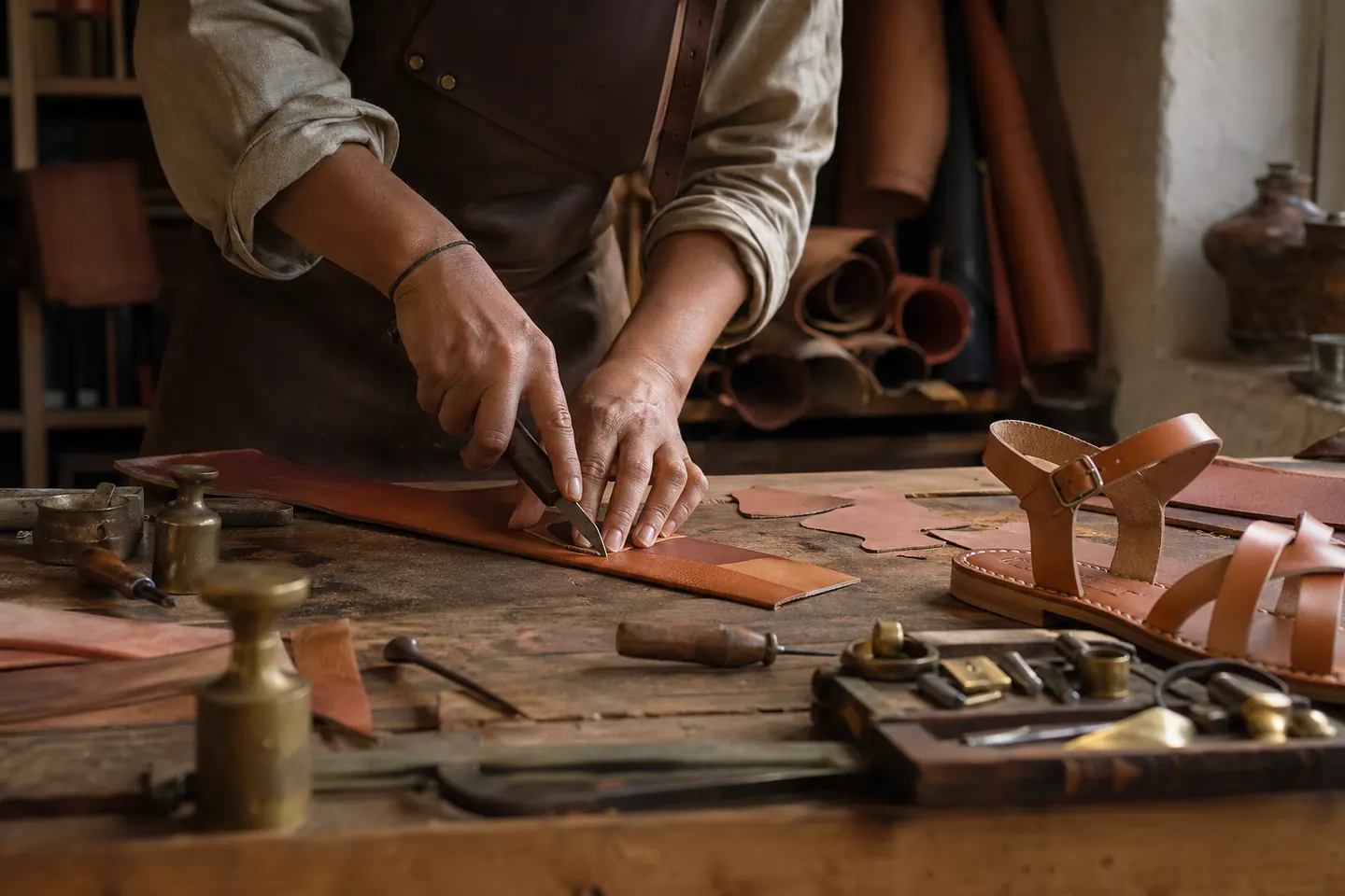 Artisan coupe cuir véritable fabrication sandales Xapatan Espagne
