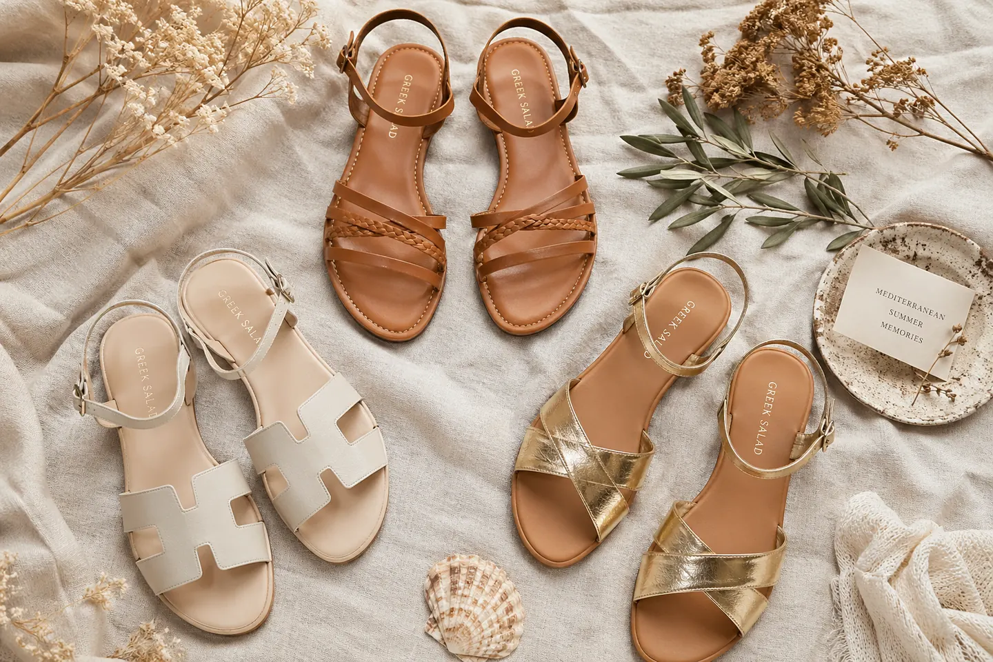 Flat lay sandales Chaussures Xapatan sur lin naturel décor estival