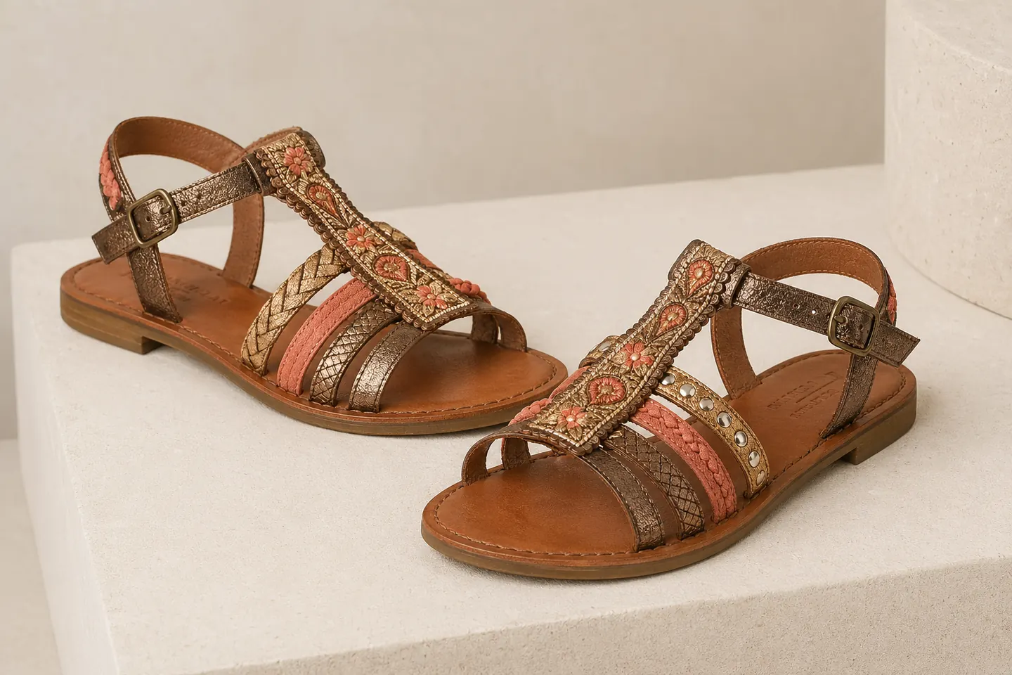Nu-pied ethnique Chaussures Xapatan motifs brodés et cuir irisé